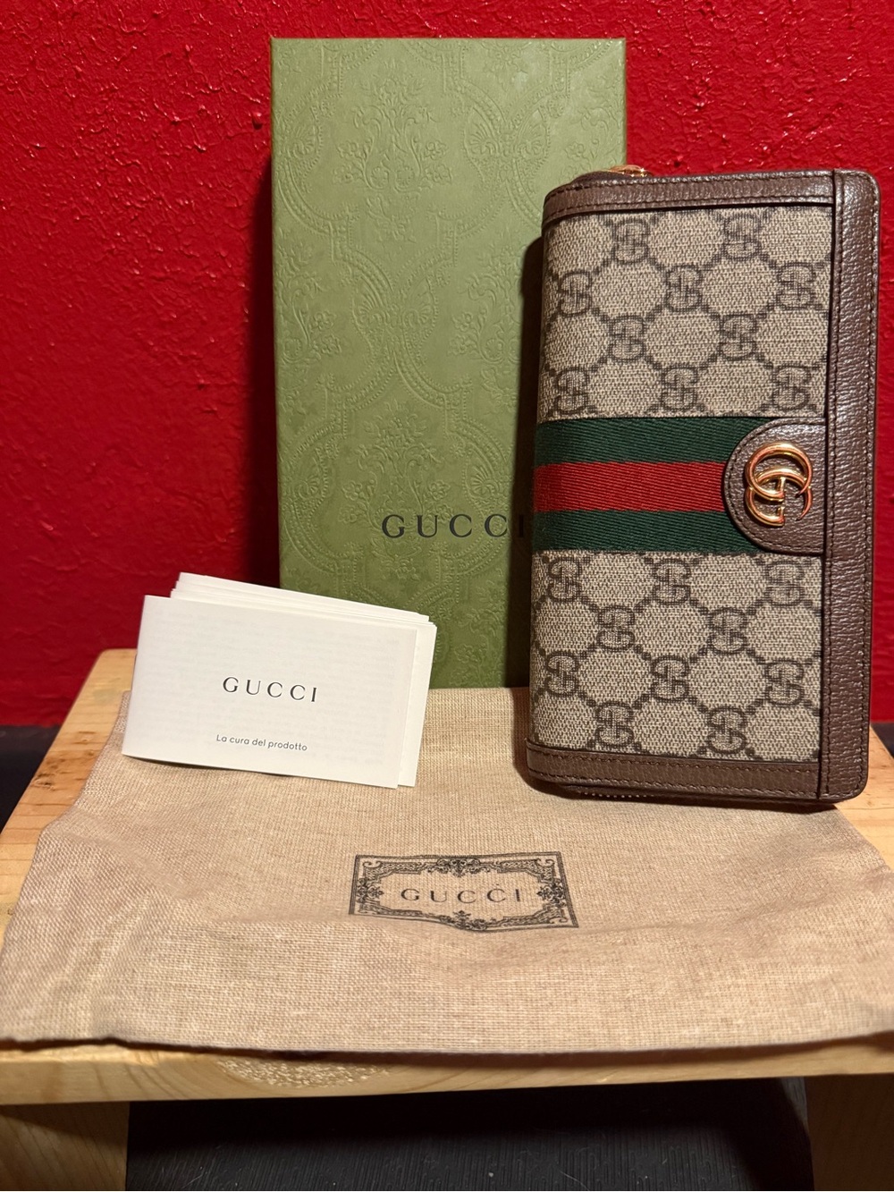 Gucci GG Supreme Continental Wallet with Green/Red Web and Brown Trim